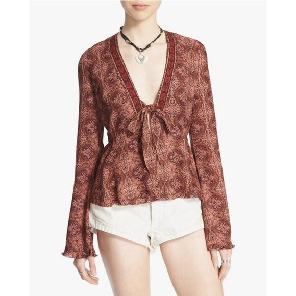 Free People Tops - Free People Top Coral Uptown Bell Sleeve Tiered Vneck Blouse Small Size